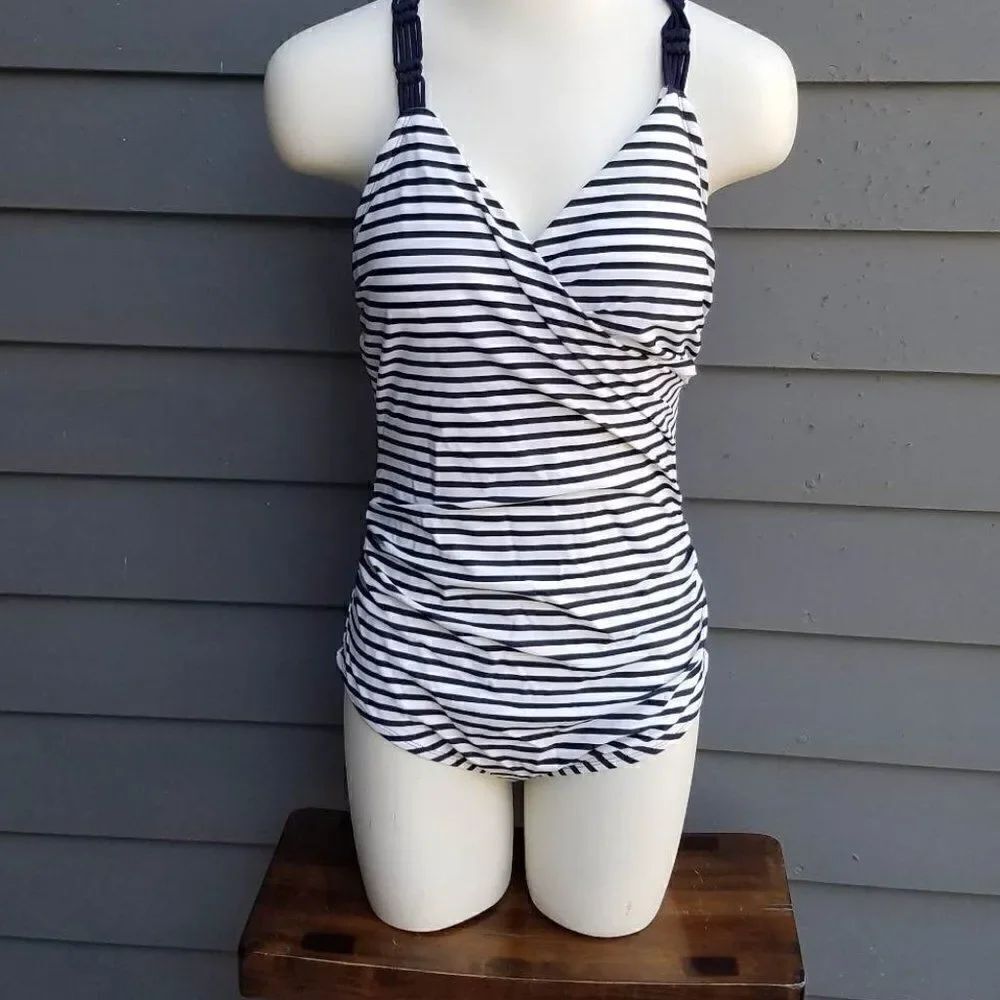 Kona Sol Navy White Stripe One Piece bathing suit size Large